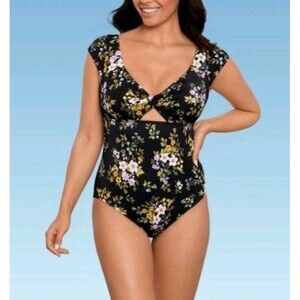 Beach Betty by Miracle Brands One Piece Swimsuit Women's Large Floral Cap Sleeve